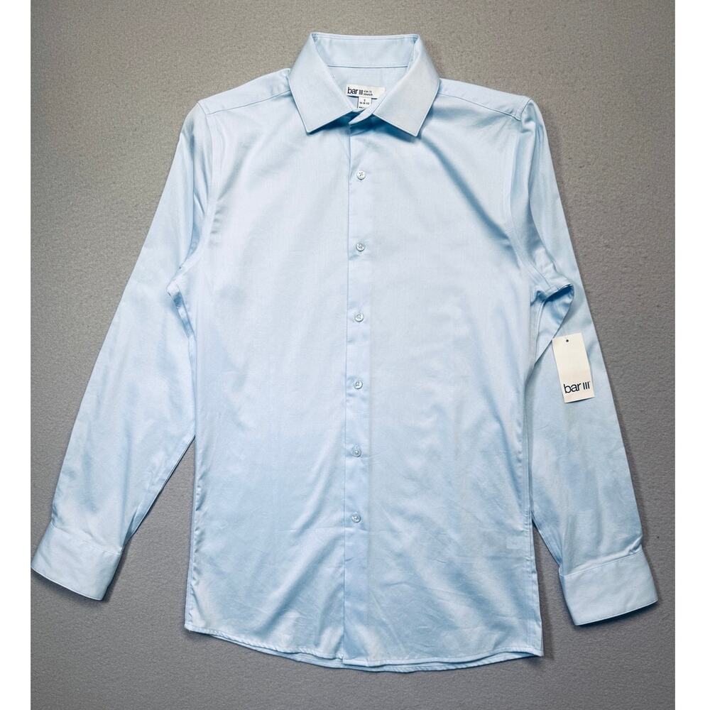 Bar III Men's Spread-Collar Sateen Dress Shirt Nantucket Breeze Small $70